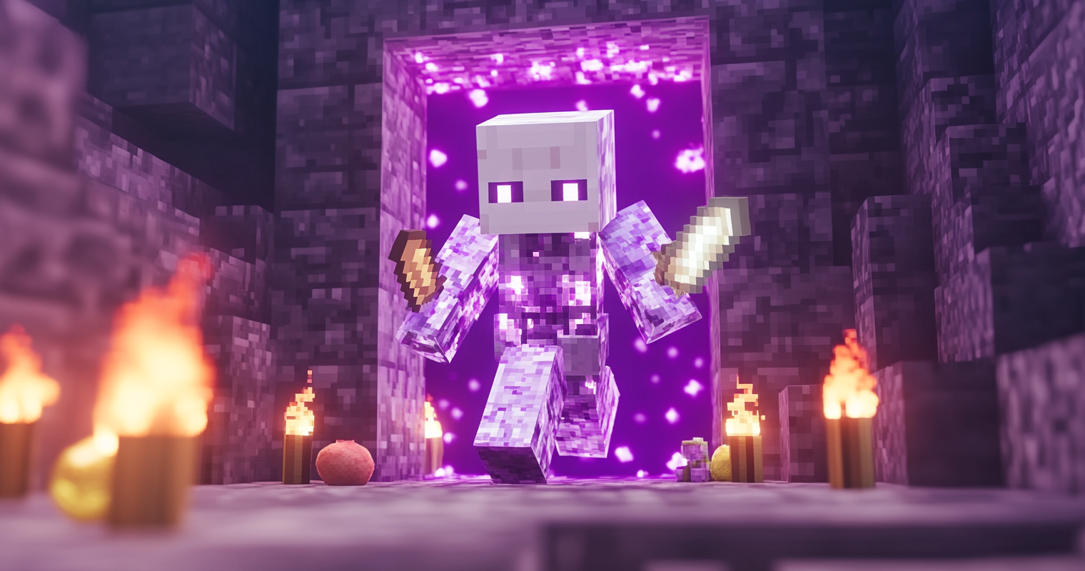 Minecraft player standing fully equipped in enchanted diamond armor at the Nether portal with survival items around, dramatic lighting and fiery Nether background, realistic 3D blocky style.