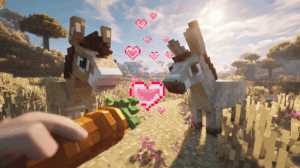 A player initiating the breeding process between a horse and a donkey in Minecraft by feeding them a golden carrot.