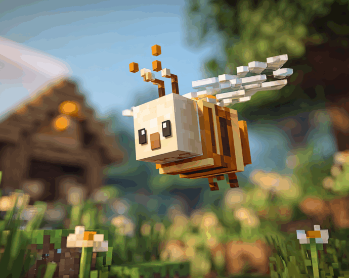 A close-up, dynamic featured image of a Minecraft bee flying energetically with its face prominently visible, a subtle beehive in the background.