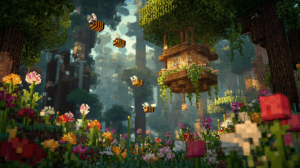 A naturally occurring Minecraft Bee Nest in a vibrant, flower-filled forest.