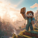 A Minecraft character holding a newly crafted book aloft in a sun-drenched, beautiful Minecraft landscape.