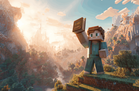 A Minecraft character holding a newly crafted book aloft in a sun-drenched, beautiful Minecraft landscape.