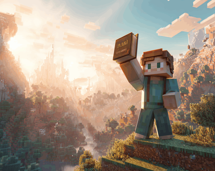 A Minecraft character holding a newly crafted book aloft in a sun-drenched, beautiful Minecraft landscape.