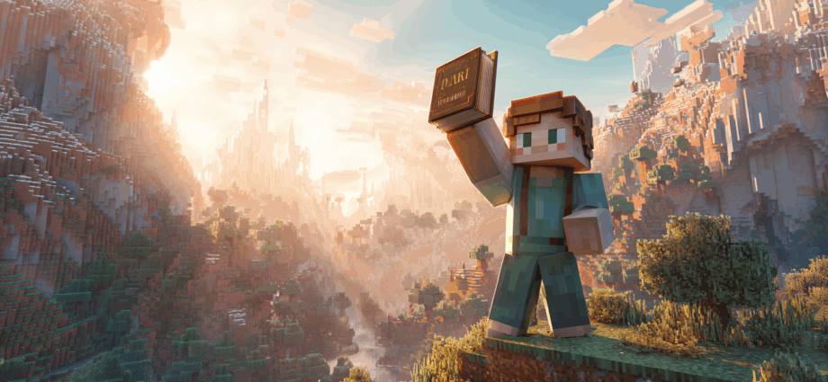 A Minecraft character holding a newly crafted book aloft in a sun-drenched, beautiful Minecraft landscape.