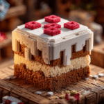 A high-quality render of the iconic Minecraft cake, featuring its blocky shape, white pixelated icing, and red toppings, in the official art style of the game.