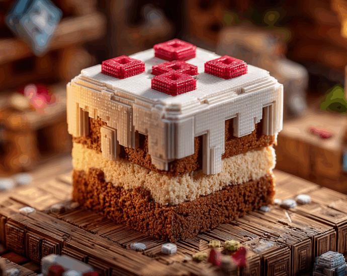 A high-quality render of the iconic Minecraft cake, featuring its blocky shape, white pixelated icing, and red toppings, in the official art style of the game.