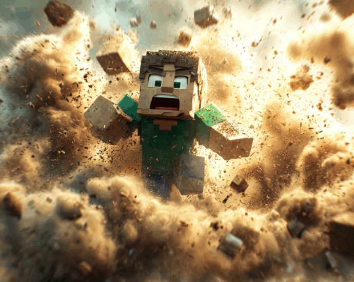 A dramatic and humorous depiction of a Minecraft Creeper explosion surprising a player.