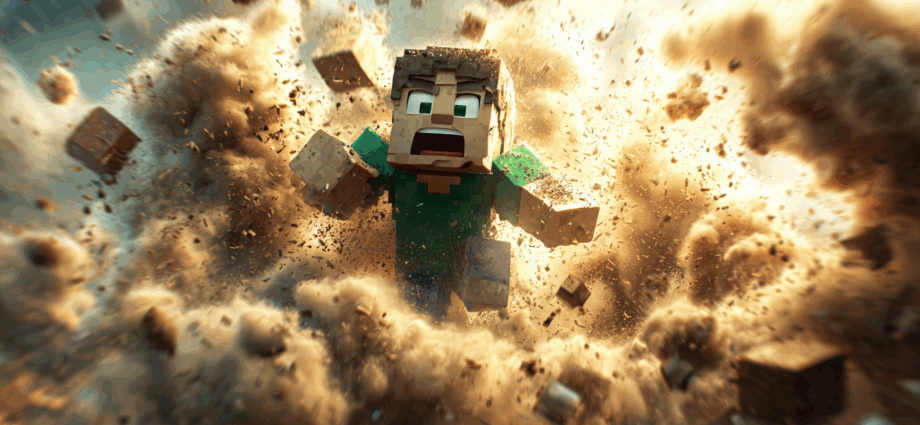 A dramatic and humorous depiction of a Minecraft Creeper explosion surprising a player.