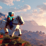 A Minecraft player riding a powerful white horse, showcasing the ultimate goal of the "how to breed horses in Minecraft" guide.