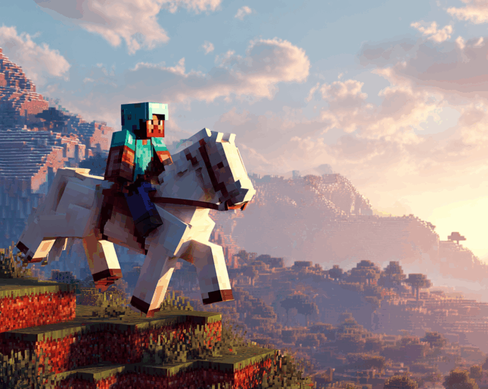 A Minecraft player riding a powerful white horse, showcasing the ultimate goal of the "how to breed horses in Minecraft" guide.