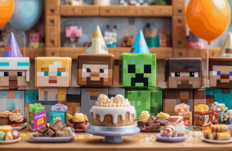Minecraft inspired Cubese birthday party with cake, candy wrappers, and decorations
