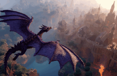 Minecraft purple dragon flying above castles and forests in the Land of Zolth server