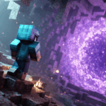 A Minecraft player in diamond armor bravely looks upon a massive, glowing Nether portal, ready for adventure.