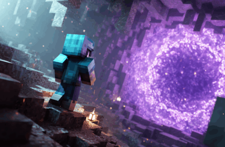 A Minecraft player in diamond armor bravely looks upon a massive, glowing Nether portal, ready for adventure.