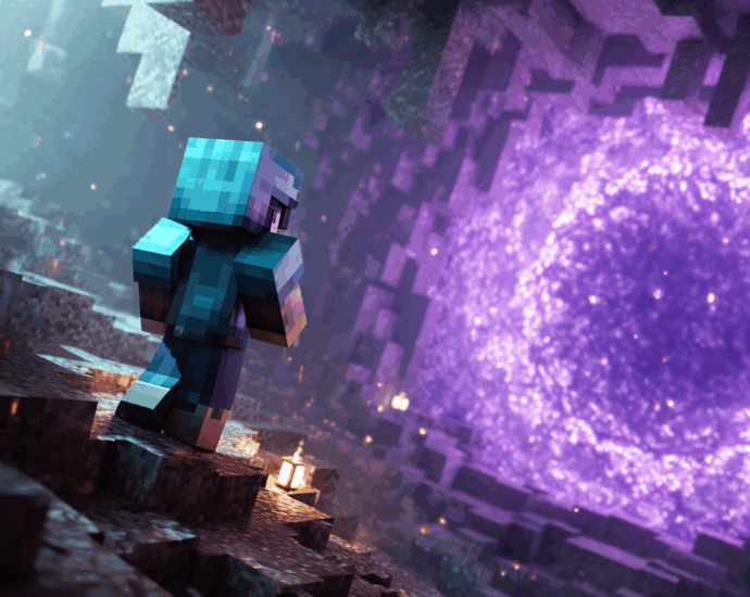 A Minecraft player in diamond armor bravely looks upon a massive, glowing Nether portal, ready for adventure.