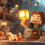 A Minecraft player proudly holding a glowing Redstone Lamp, with a crafting table and raw materials in the background.