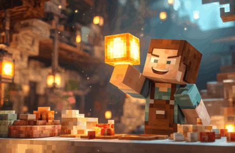 A Minecraft player proudly holding a glowing Redstone Lamp, with a crafting table and raw materials in the background.