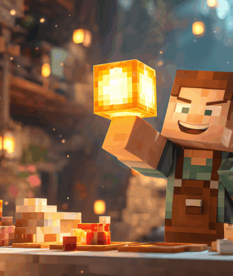 A Minecraft player proudly holding a glowing Redstone Lamp, with a crafting table and raw materials in the background.