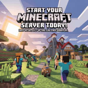 Minecraft server hosting ad with players building and text saying Start Your Minecraft Server Today