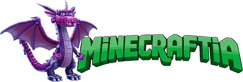 Minecraftia logo with green modern text in front of a full-body blocky purple dragon with wings