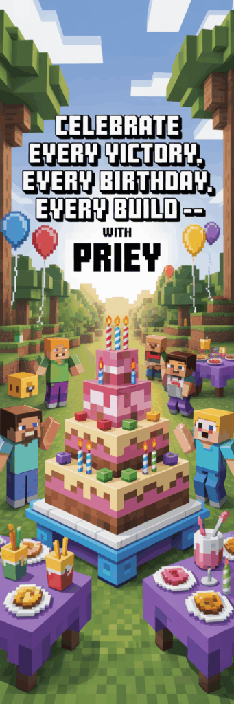 Minecraftia banner with festive blocky party scene and text Celebrate Every Victory, Every Birthday, Every Build — with Priey