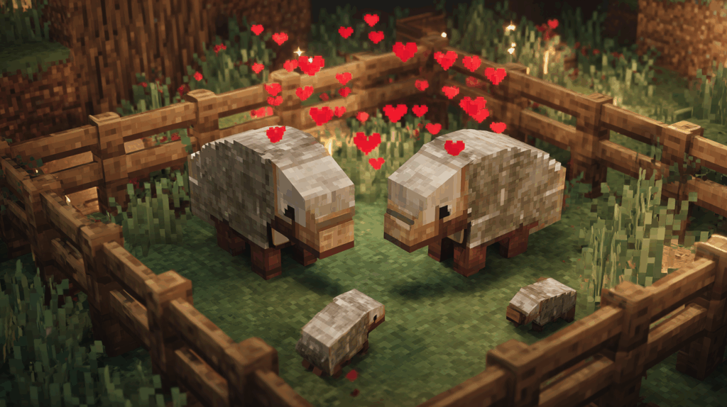 Two adult armadillos in Minecraft with red hearts over their heads after being fed spider eyes, with a new baby armadillo nearby.