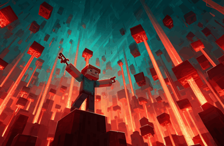 A vibrant and epic illustration of a Minecraft character confidently conducting an orchestra of glowing redstone circuits and pistons, showcasing the creative power of a beginners guide to redstone.