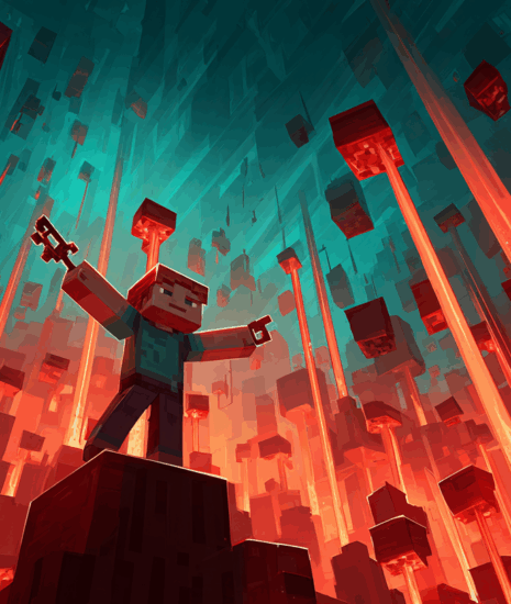 A vibrant and epic illustration of a Minecraft character confidently conducting an orchestra of glowing redstone circuits and pistons, showcasing the creative power of a beginners guide to redstone.