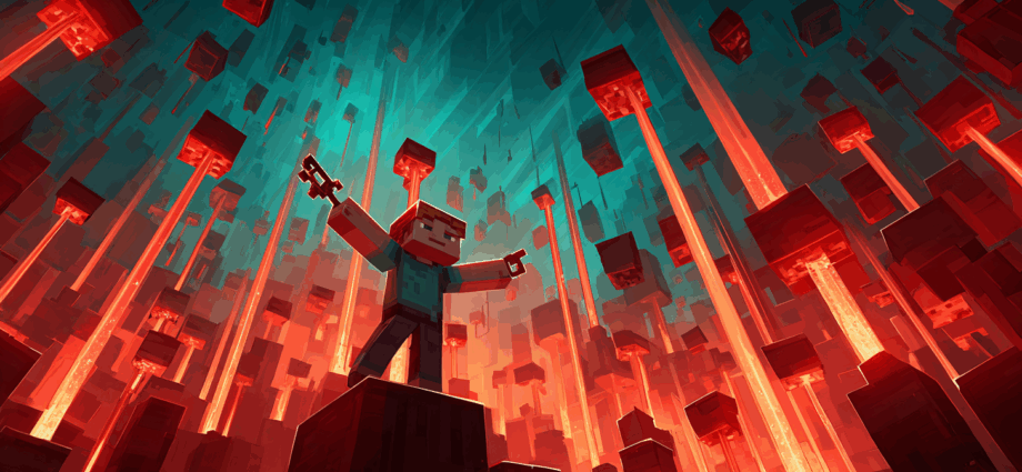 A vibrant and epic illustration of a Minecraft character confidently conducting an orchestra of glowing redstone circuits and pistons, showcasing the creative power of a beginners guide to redstone.