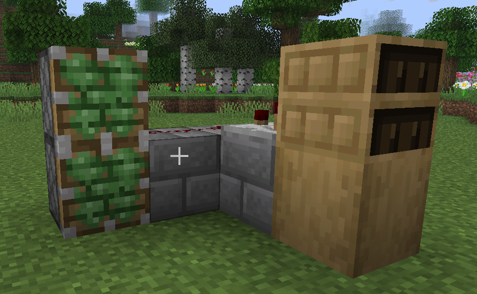 Placing the sticky pistons for a secret redstone bookshelf door in Minecraft.