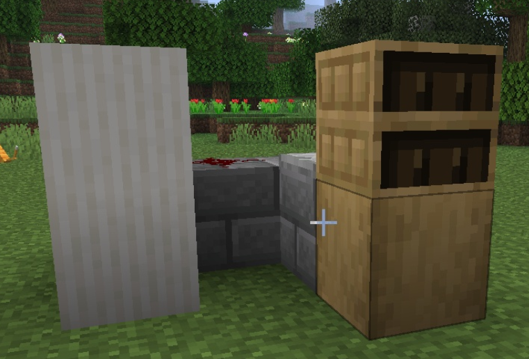 Hiding the redstone circuit for a secret bookshelf door behind a wall of solid blocks.