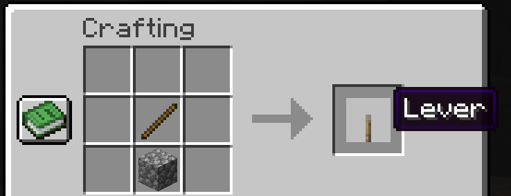 A screenshot showing the Minecraft crafting recipe for a lever, which is a stick over a cobblestone block.