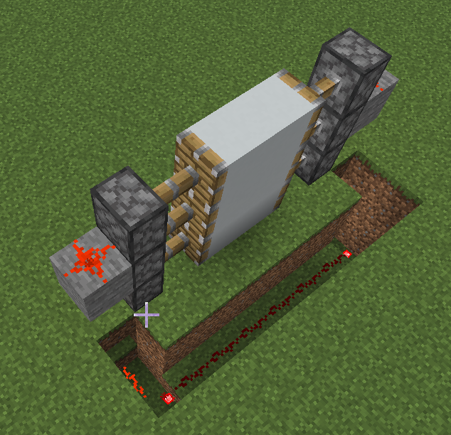 An overhead view of the completed underground redstone wiring for a 2x2 piston door in Minecraft.