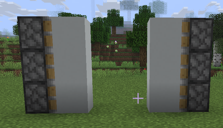 The initial piston and block setup for a 2x2 redstone piston door in Minecraft.