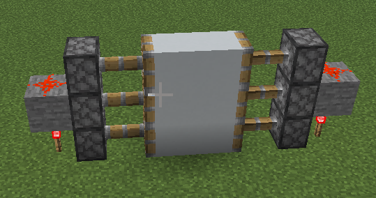 A complete 2x2 Minecraft piston door with redstone torch towers on both sides, powering the pistons to keep the door shut.