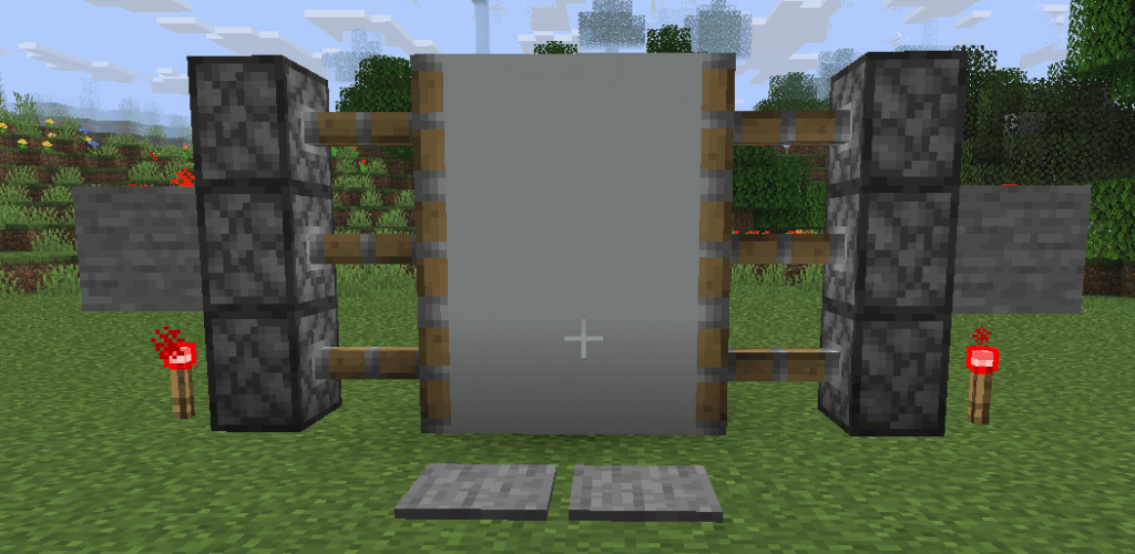 A 2x2 Minecraft redstone piston door in the open position, activated by pressure plates.