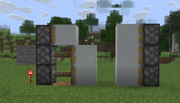 Wiring one side of a Minecraft redstone piston door using a redstone torch to power both pistons.