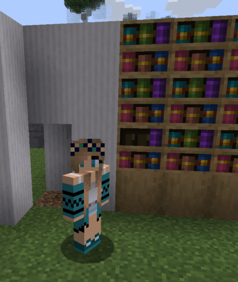 A Minecraft player standing in front of their open secret bookshelf redstone door, revealing a hidden room.