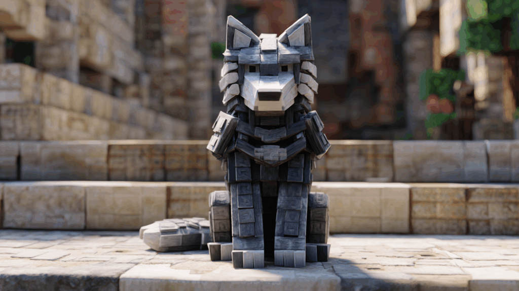 A tamed Minecraft wolf sitting proudly, fully equipped with the new, durable wolf armor crafted from armadillo scutes. 